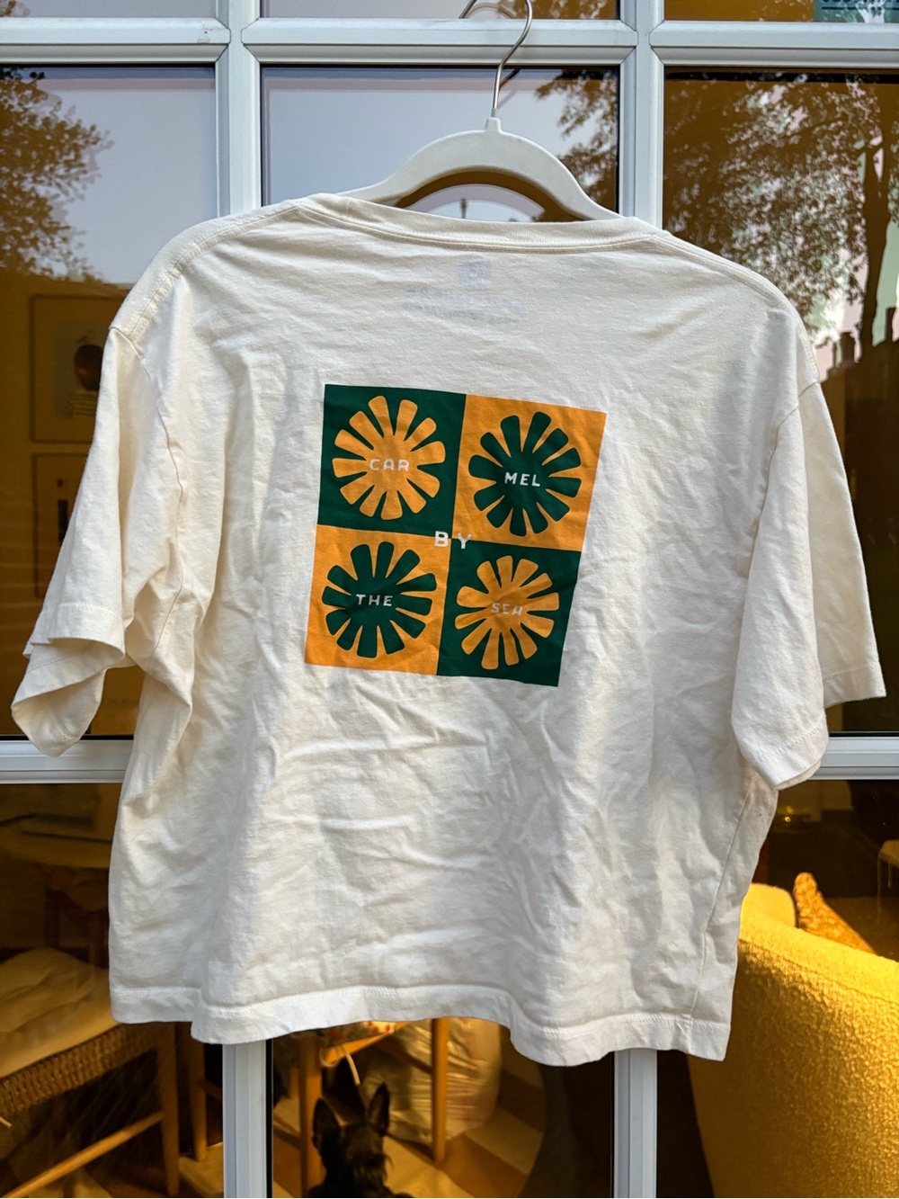 Somewhere in Carmel Graphic Crop Tee with Green & Mustard Floral Squares